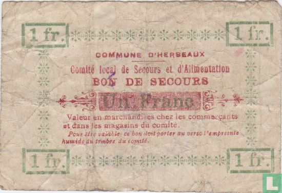 Herseaux 1 Franc ND (~ 1916) - Image 1