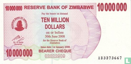 Simbabwe 10 Million Dollars 2008 (P55a) - Bild 1