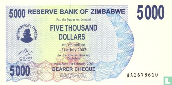 Zimbabwe 5.000 Dollars 2007 - Afbeelding 1