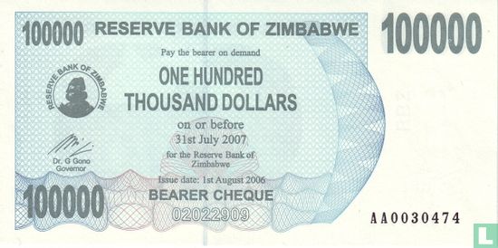 Zimbabwe 100.000 Dollars 2006 (P48a) - Afbeelding 1