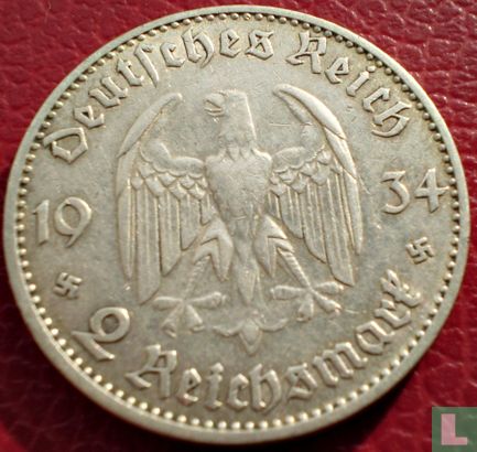 Duitse Rijk 2 reichsmark 1934 (J) "First anniversary of Nazi Rule" - Afbeelding 1