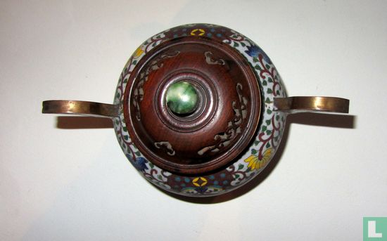 Cloisonne pot met houten deksel - Image 2