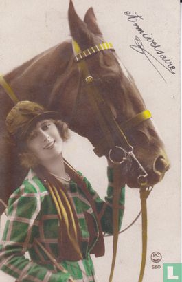 Dame in geruit groen, met paard - Afbeelding 1