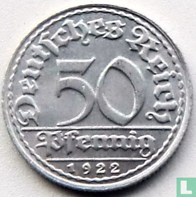 Duitse Rijk 50 pfennig 1922 (D) - Afbeelding 1