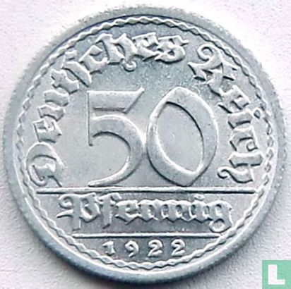 Duitse Rijk 50 pfennig 1922 (J) - Afbeelding 1