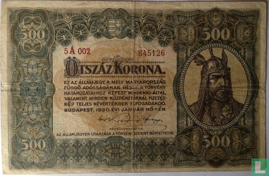 Hongarije 500 Korona 1920 - Afbeelding 1