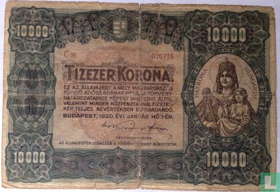Hongarije 10.000 Korona 1920 - Afbeelding 1
