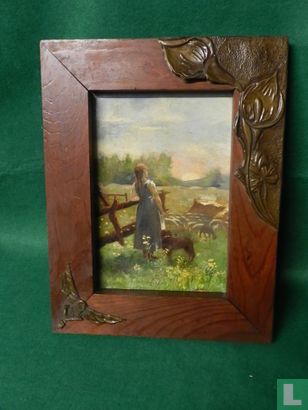 Peinture à l'huile : fille avec des moutons - Image 1