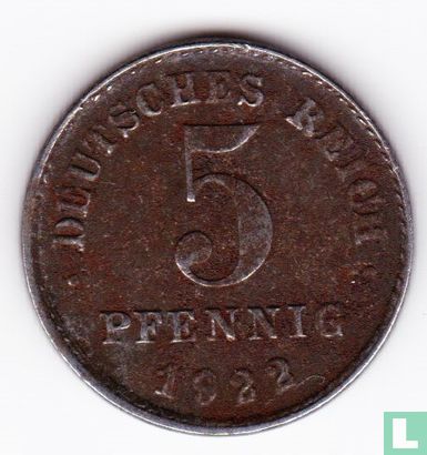 Duitse Rijk 5 pfennig 1922 (J) - Afbeelding 1