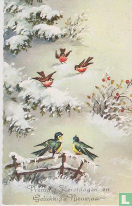 Prettige Kerstdagen en Gelukkig Nieuwjaar -  drie roodborstjes en twee pimpelmeesjes in sneeuwlandschap - Image 1