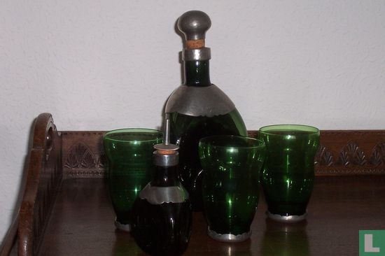 Set van karaf,flesje en glazen met tin belegd. - Image 3