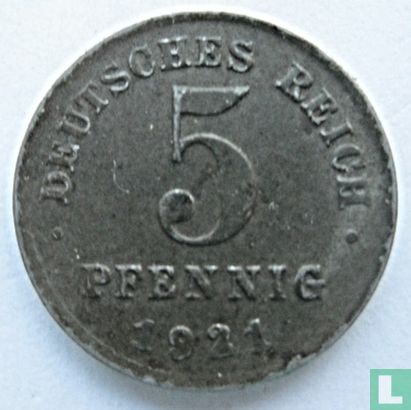 Duitse Rijk 5 pfennig 1921 (D) - Afbeelding 1