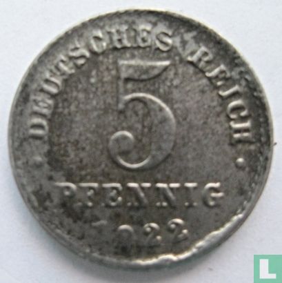 Empire allemand 5 pfennig 1922 (J - fauté) - Image 1