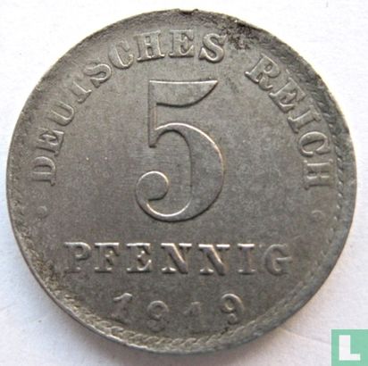 Duitse Rijk 5 pfennig 1919 (A - misslag) - Afbeelding 1