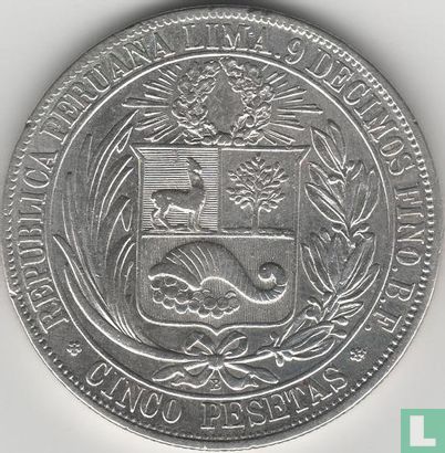 Peru 5 pesetas 1880 (B) - Image 2