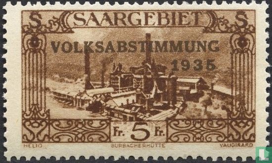 Staalfabrieken in Burbach met opdruk VOLKSABSTIMMUNG 1935