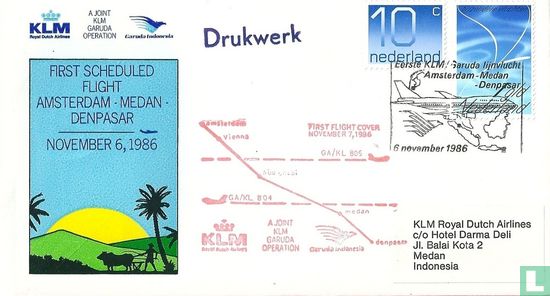 Eerste lijnvlucht Amsterdam-Medan-Denpasar 6 november 1986