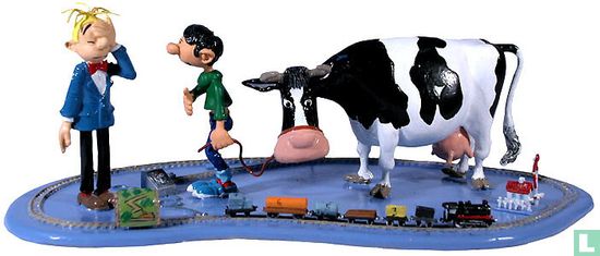 Fantasio et Gaston avec vache et train miniature - Image 1