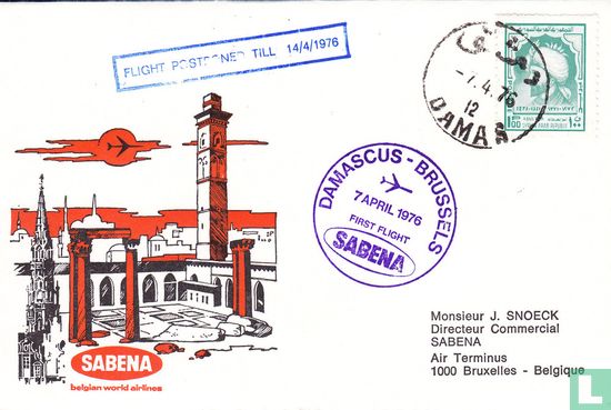 Enveloppe 1er vol Sabena Boeing 707 Damas-Bruxelles 14/04/1976