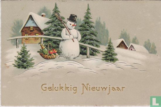 Gelukkig Nieuwjaar - Sneeuwpop met bezem en mand met fles en appels - Afbeelding 1