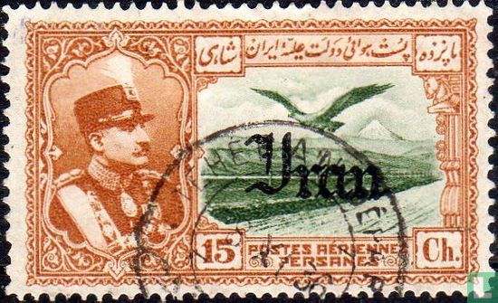Reza Shah Pahlavi and mountains, with overprint 