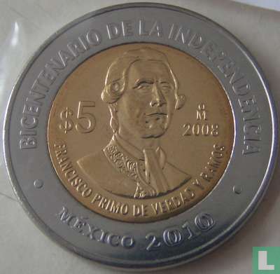 Mexique 5 pesos 2008 (avec les points 4 et 7 heures) "Bicentenary of Independence - Francisco Primo De Verdad Y Ramos - Image 1