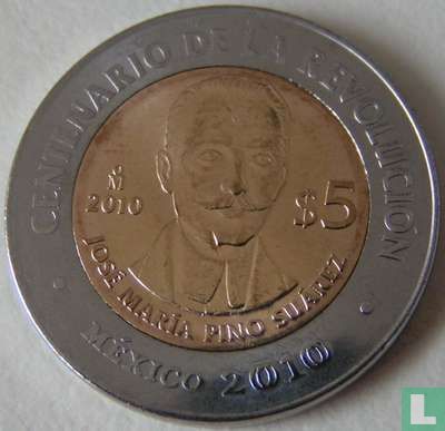 Mexiko 5 Peso 2010 "Centenary of Revolution - José Maria Pino Suárez" - Bild 1
