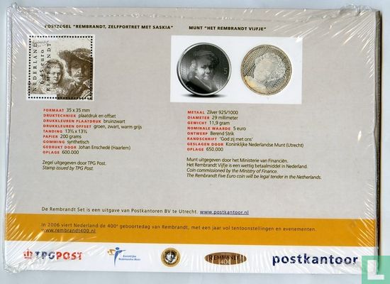 Netherlands 5 euro 2006 (stamp & folder) "400th anniversary Birth of Rembrandt Harmenszoon van Rijn" - Image 2
