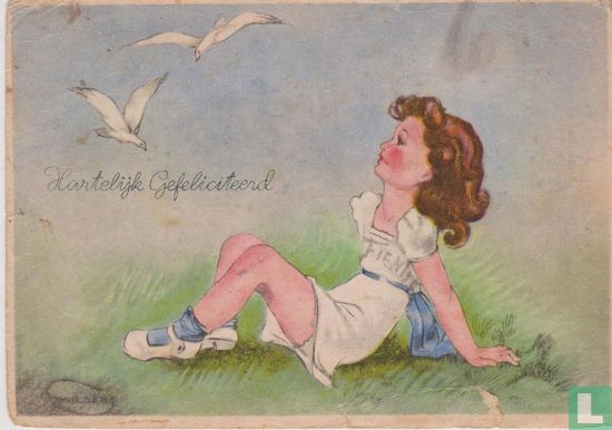 Hartelijk Gefeliciteerd -  Meisje in gras met meeuwen - Afbeelding 1