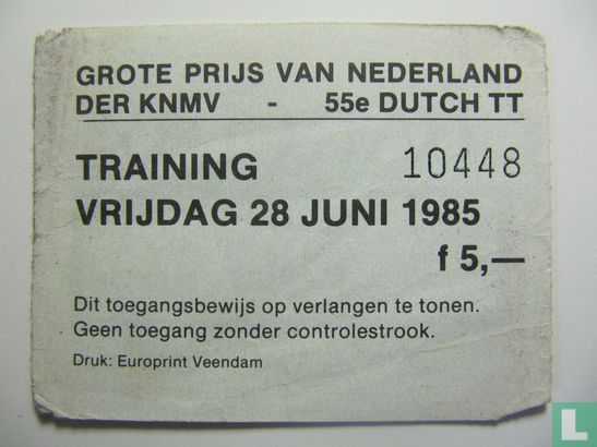 Toegangskaart Dutch TT Assen 1985 training vrijdag