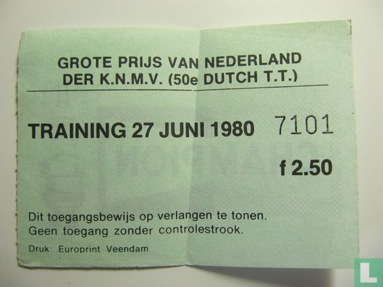 Toegangskaart Dutch TT Assen 1980 training vrijdag