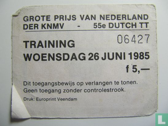 Toegangskaart Dutch TT Assen 1985 training woensdag
