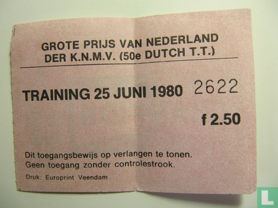 Toegangskaart Dutch TT Assen 1980 training woensdag