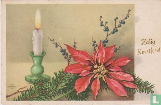 Zalig Kerstfeest - Kerstster (Euphorbia) en kaars in kandelaar - Afbeelding 1