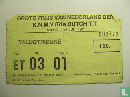 Toegangskaart Dutch TT Assen 1981 race zaterdag