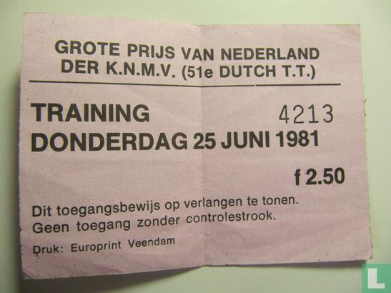 Toegangskaart Dutch TT Assen 1981 training donderdag