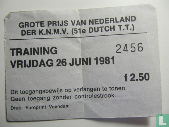 Toegangskaart Dutch TT Assen 1981 training vrijdag