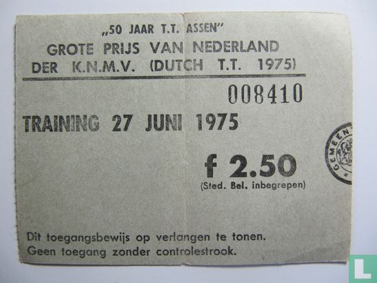 Toegangskaart Dutch TT Assen 1975 training vrijdag