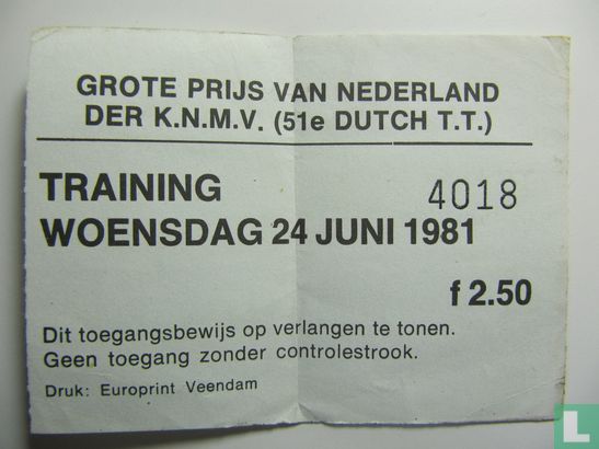 Toegangskaart Dutch TT Assen 1981 training woensdag
