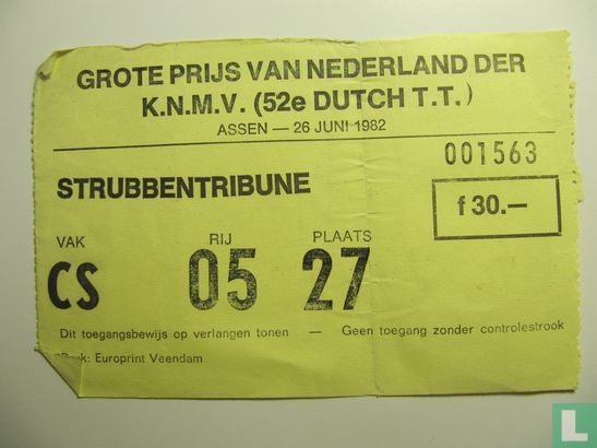 Toegangskaart Dutch TT Assen 1982 race zaterdag