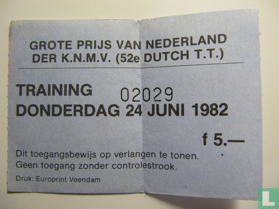 Toegangskaart Dutch TT Assen 1982 training donderdag