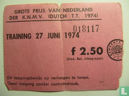 Toegangskaart Dutch TT Assen 1974 training donderdag