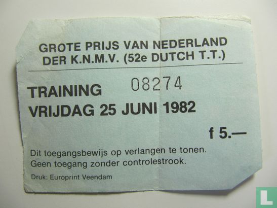 Toegangskaart Dutch TT Assen 1982 training vrijdag