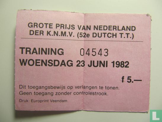 Toegangskaart Dutch TT Assen 1982 training woensdag