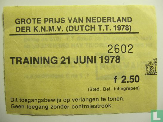 Toegangskaart Dutch TT Assen 1978 training woensdag