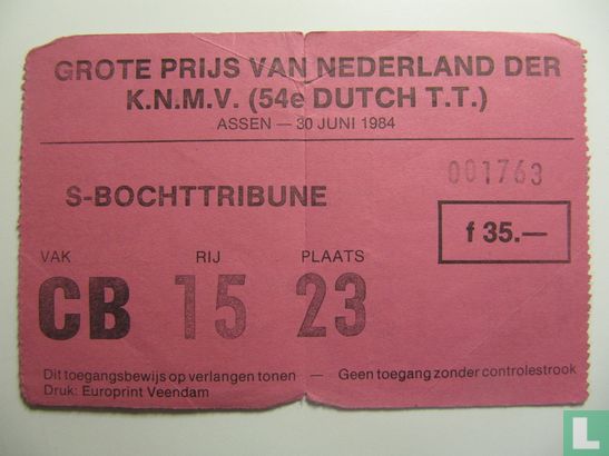 Toegangskaart Dutch TT Assen 1984 race zaterdag