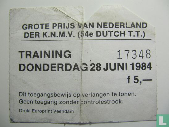 Toegangskaart Dutch TT Assen 1984 training donderdag
