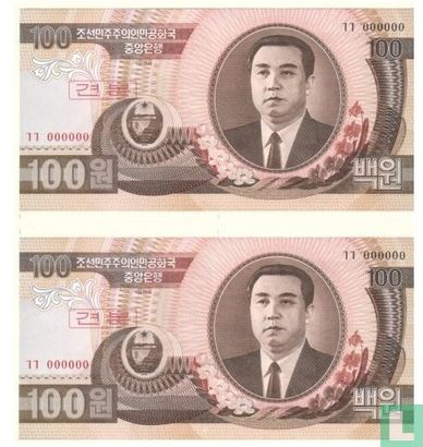 Corée du Nord 100 won 1992 (SPECIMEN) feuille non coupée de 2 billets