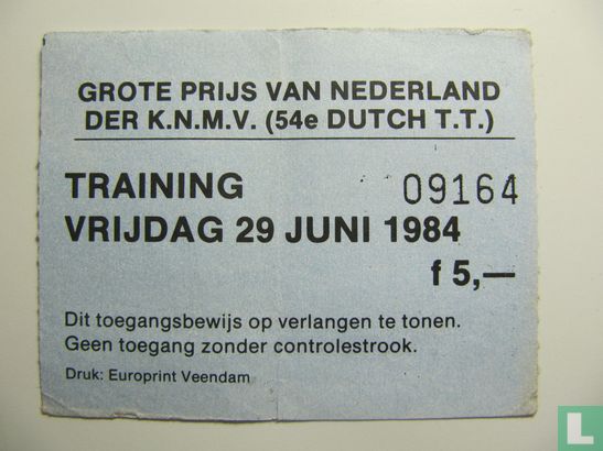 Toegangskaart Dutch TT Assen 1984 training vrijdag