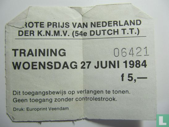 Toegangskaart Dutch TT Assen 1984 training woensdag